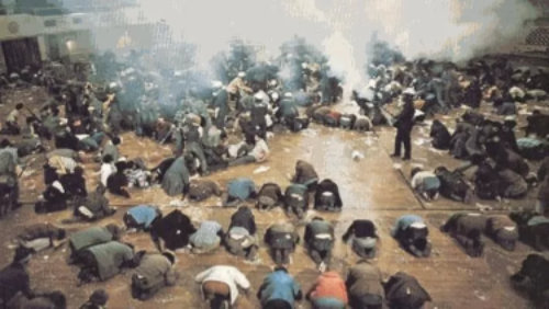 La palestra dell'università, in attesa della guardia nazionale i giovani cantano  "Give Peace a Chance" di John Lennon in fragole e sangue